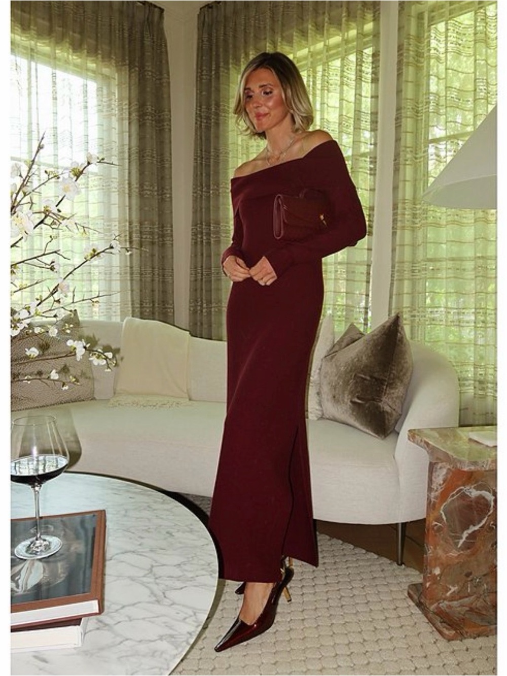 SPLENDID x CELLA JANE Off Shoulder Maxi Sweater Dress Rosewood Size M NWT